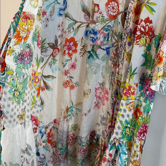 Johnny Was Gorgeous Pink and Blue Floral Kimono with Tie Front, Ruffles - Picture 11 of 11